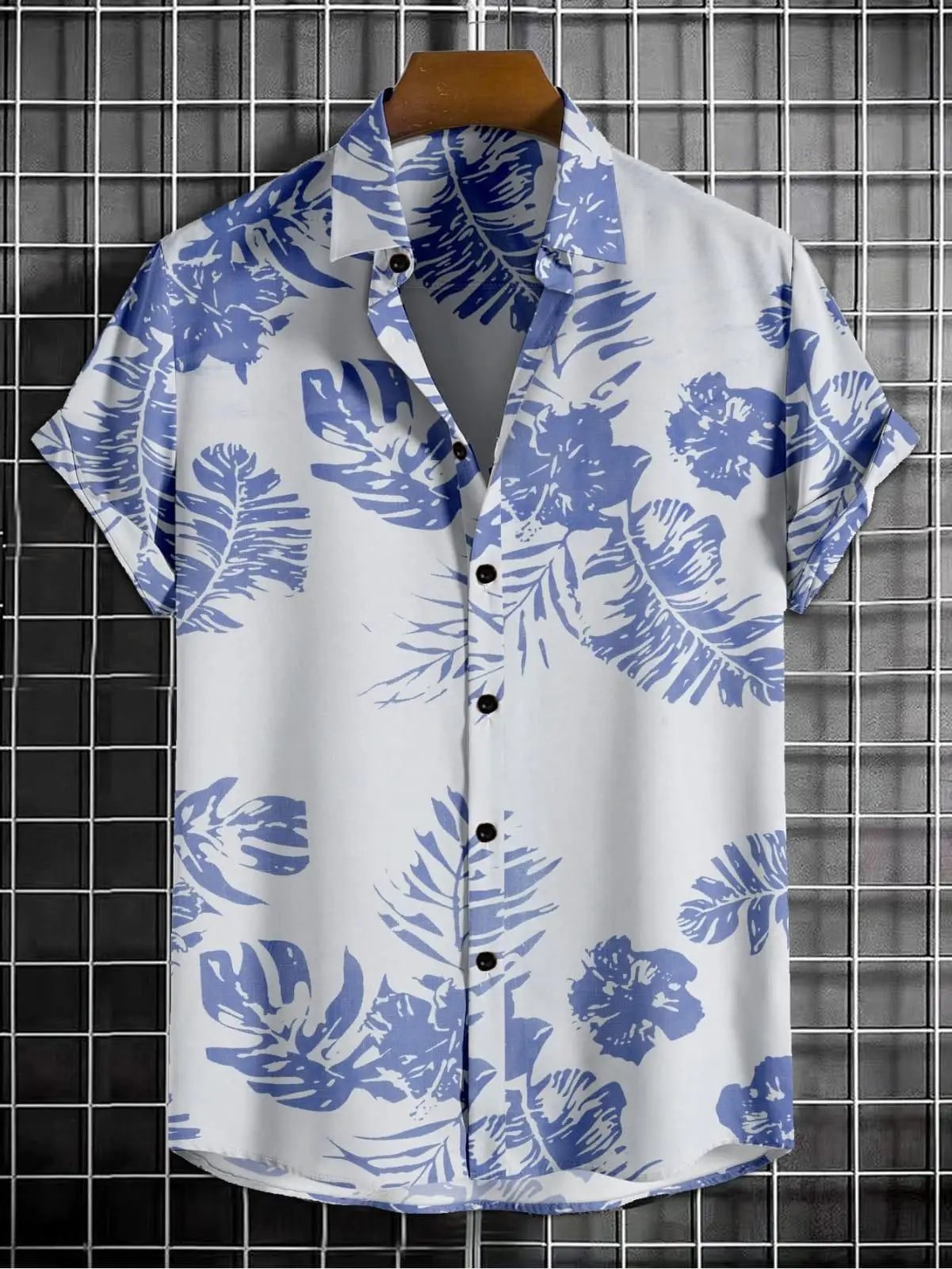 Men's Printed Half Sleeves Regular Collar Casual Shirt White & NavyBlue - Loopni