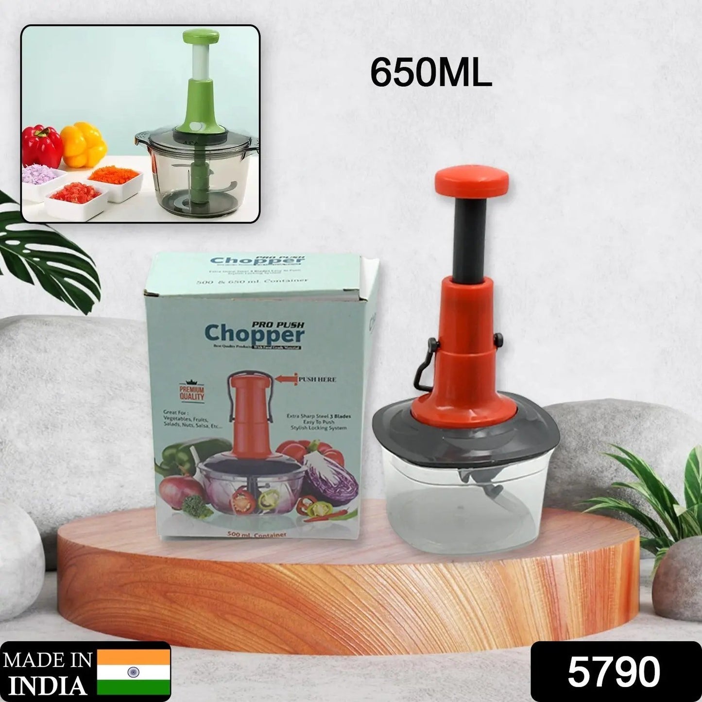 5790 Manual Press Fruit  Vegetable Chopper With 3 Stainless Steel Blades Anti-slip Base And Locking System Cutting Chopper For Kitchen (650 Ml) - Loopni