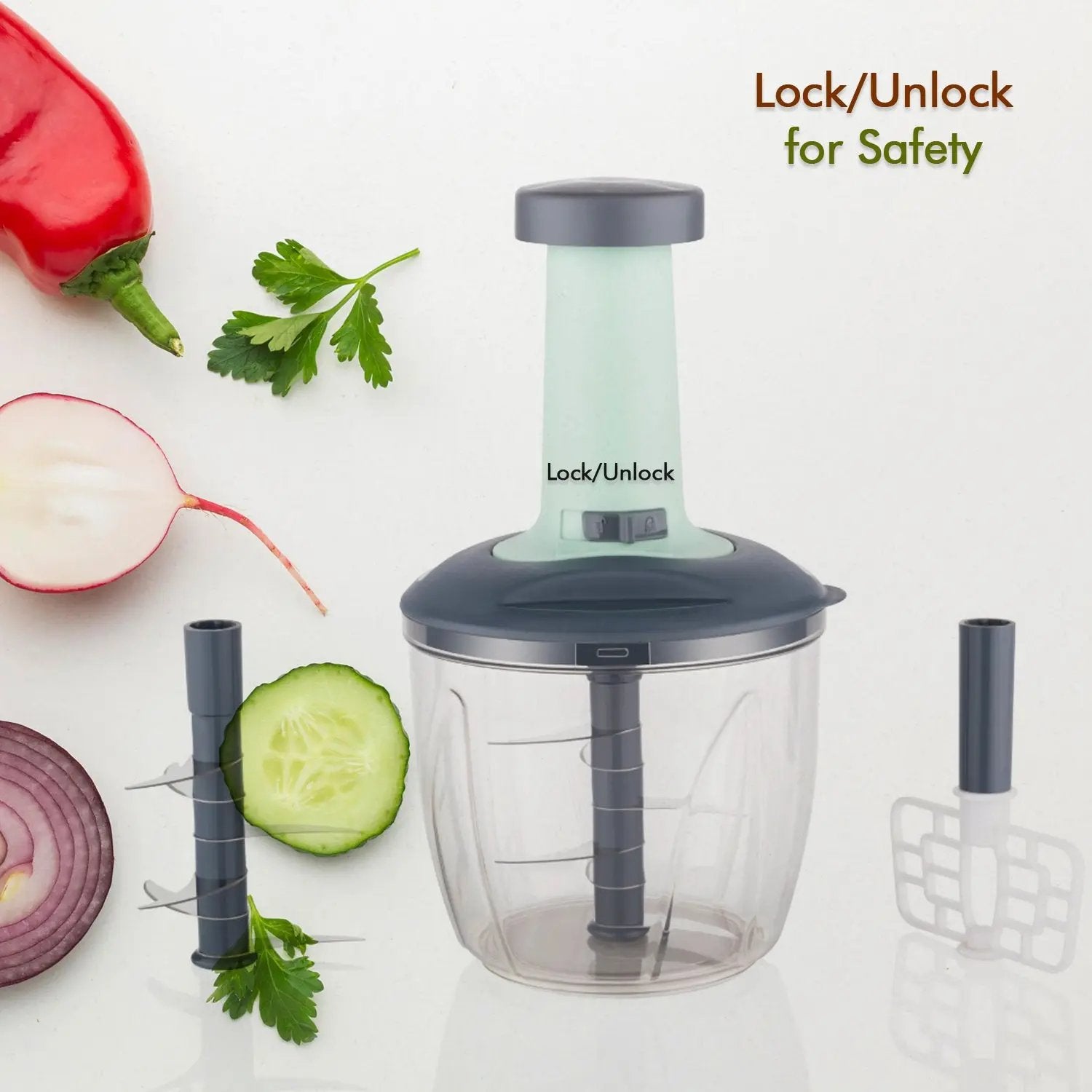 5368 1100 Ml 2 In 1 Push Up Chopper With Blender Affixed With 6 Sharp Blade  Vegetable And Fruit Cutter With Easy Push And Chop Button - Loopni