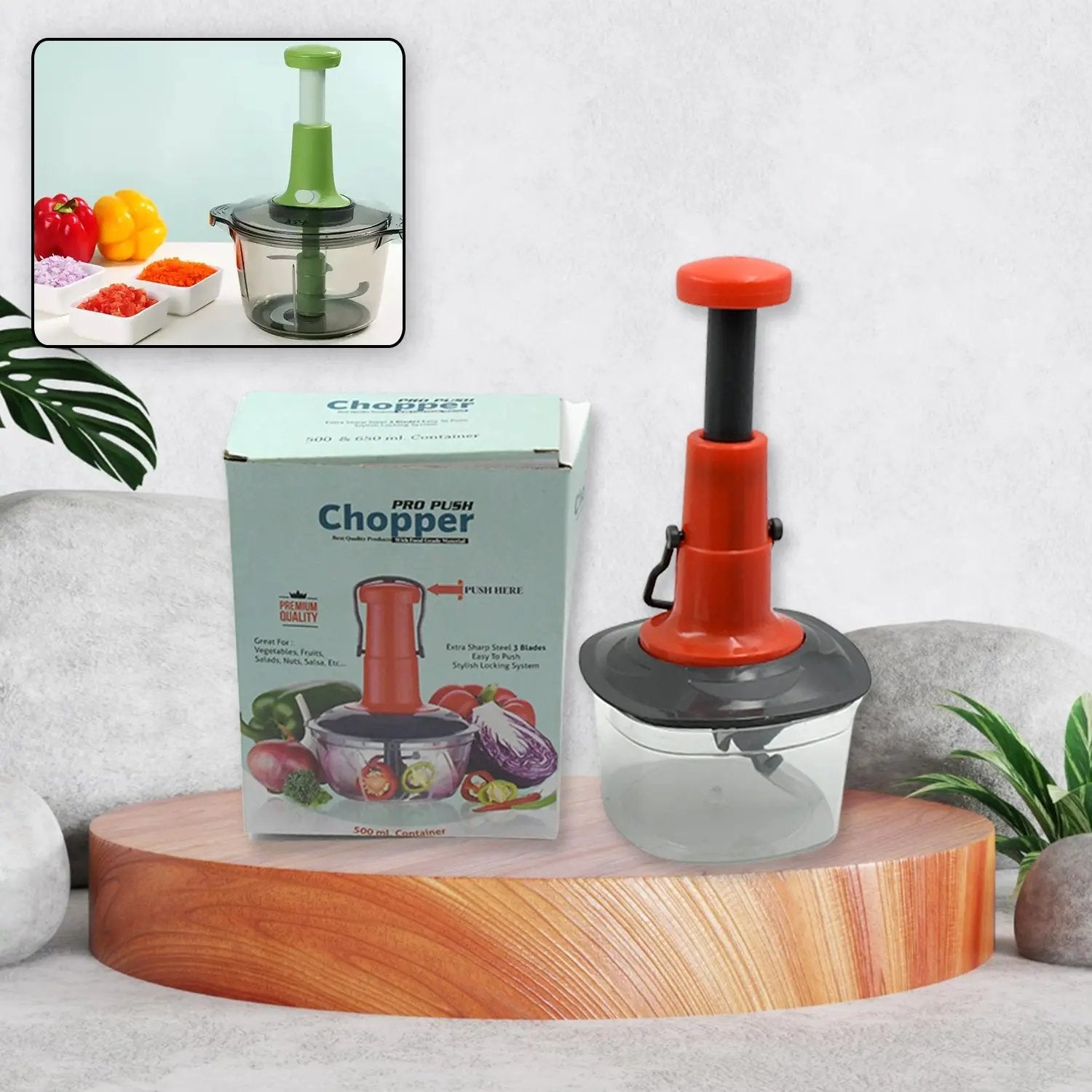 5790 Manual Press Fruit  Vegetable Chopper With 3 Stainless Steel Blades Anti-slip Base And Locking System Cutting Chopper For Kitchen (650 Ml) - Loopni