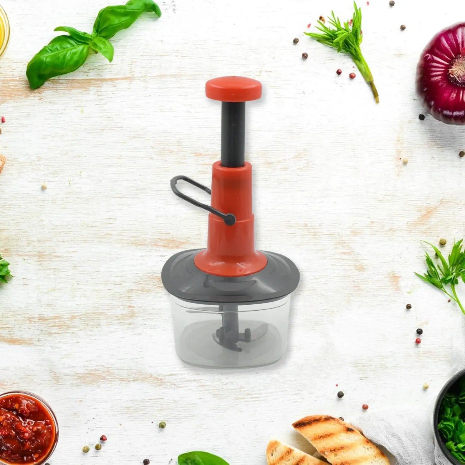 5790 Manual Press Fruit  Vegetable Chopper With 3 Stainless Steel Blades Anti-slip Base And Locking System Cutting Chopper For Kitchen (650 Ml) - Loopni