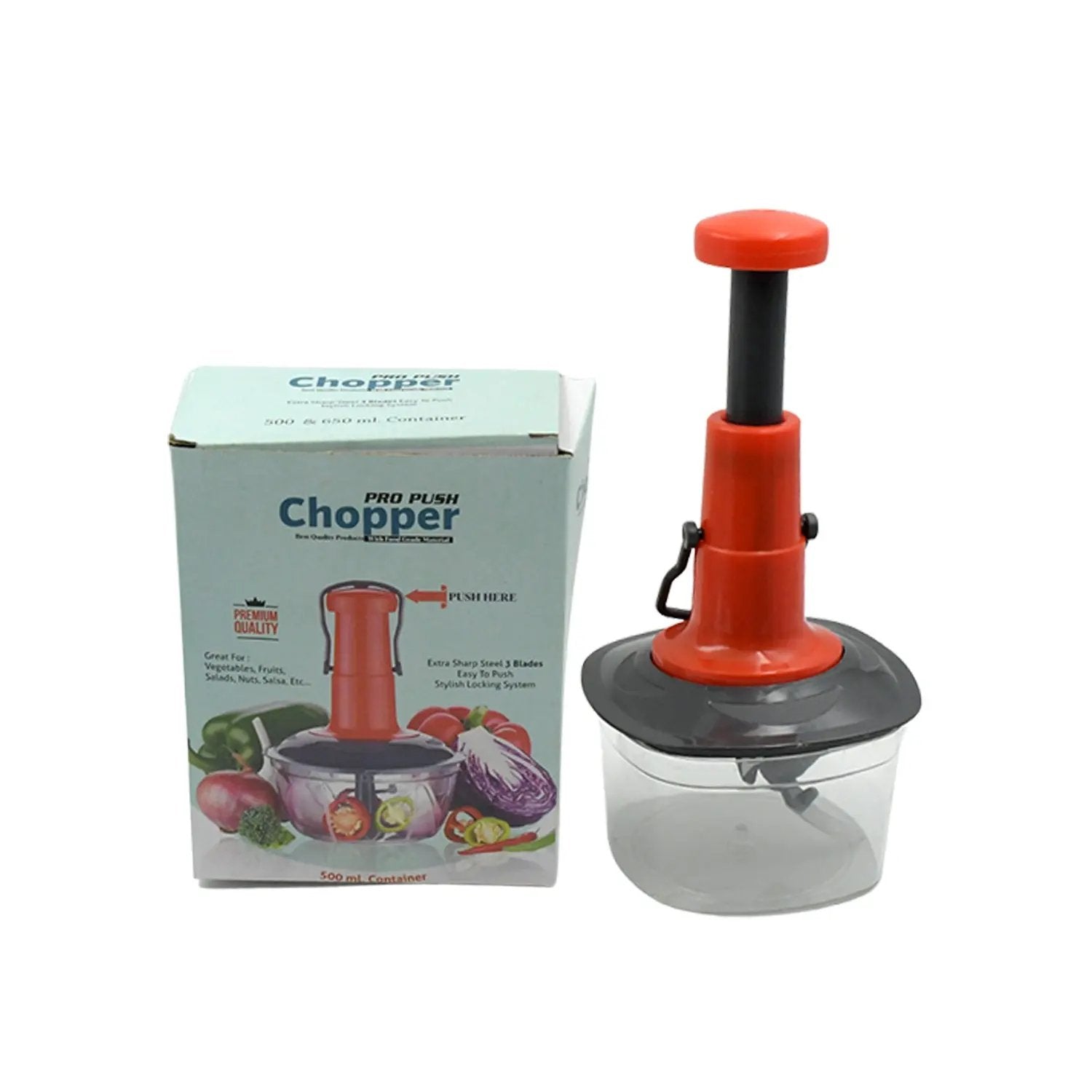 5790 Manual Press Fruit  Vegetable Chopper With 3 Stainless Steel Blades Anti-slip Base And Locking System Cutting Chopper For Kitchen (650 Ml) - Loopni
