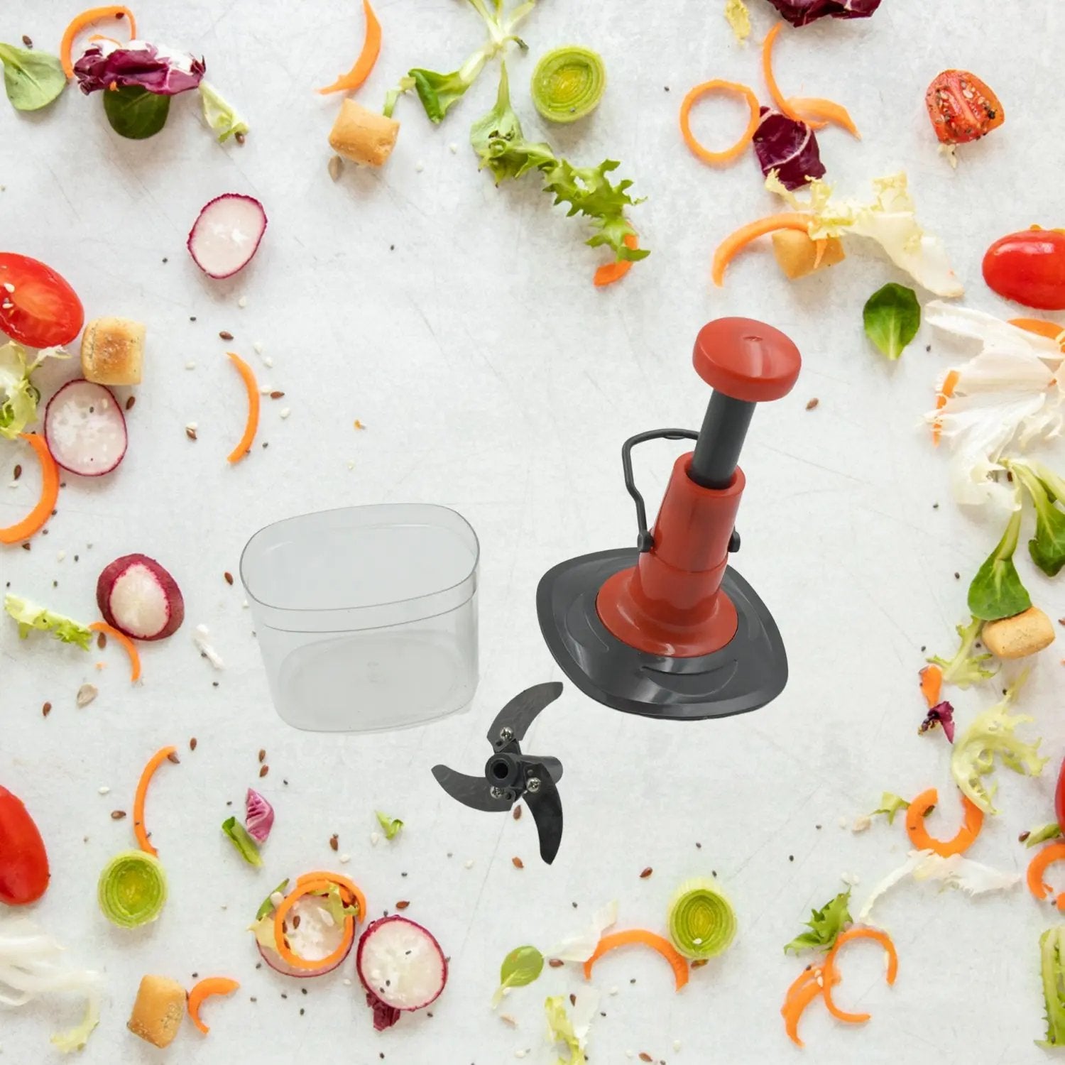 5790 Manual Press Fruit  Vegetable Chopper With 3 Stainless Steel Blades Anti-slip Base And Locking System Cutting Chopper For Kitchen (650 Ml) - Loopni