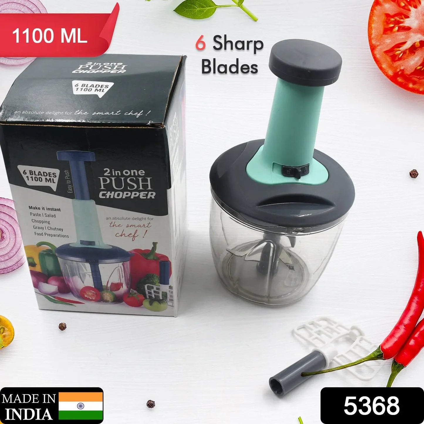 5368 1100 Ml 2 In 1 Push Up Chopper With Blender Affixed With 6 Sharp Blade  Vegetable And Fruit Cutter With Easy Push And Chop Button - Loopni
