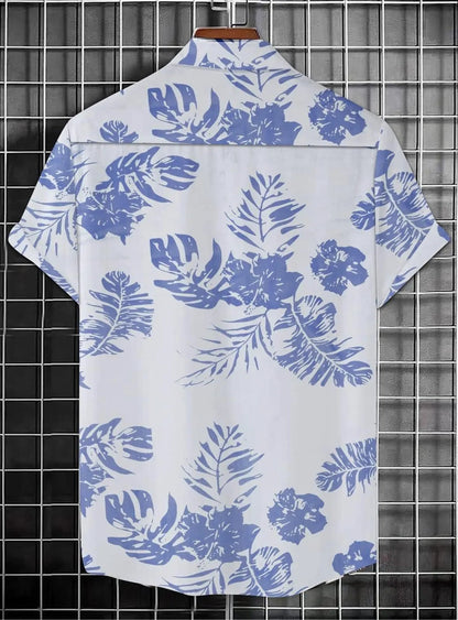 Men's Printed Half Sleeves Regular Collar Casual Shirt White & NavyBlue - Loopni