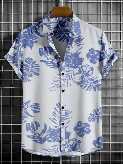 Men's Printed Half Sleeves Regular Collar Casual Shirt White & NavyBlue - Loopni