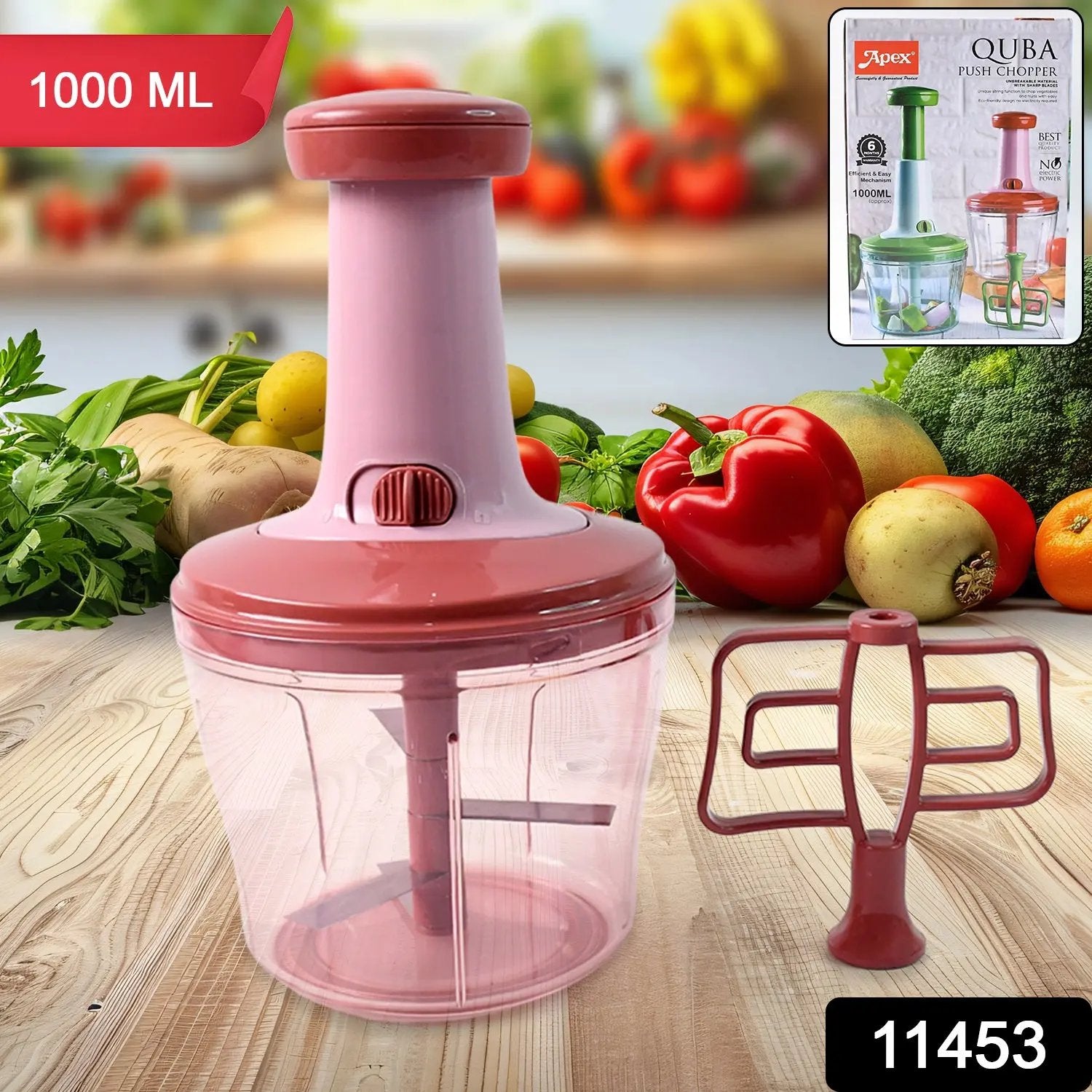 Apex  Quba Push Chopper With Stainless Steel Blades (1000ml) - Loopni